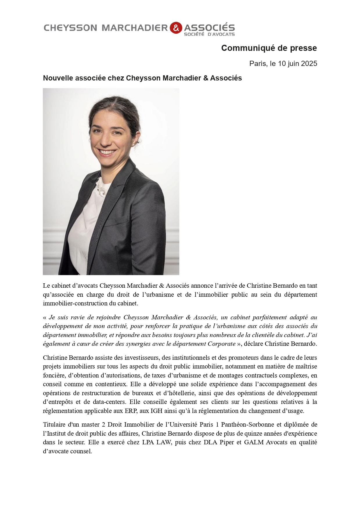 Arrivée de Christine Bernardo en tant qu’associée